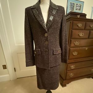 St. John Collection suit. Jacket size 8, skirt 10.  Dark Brown with pink fleck